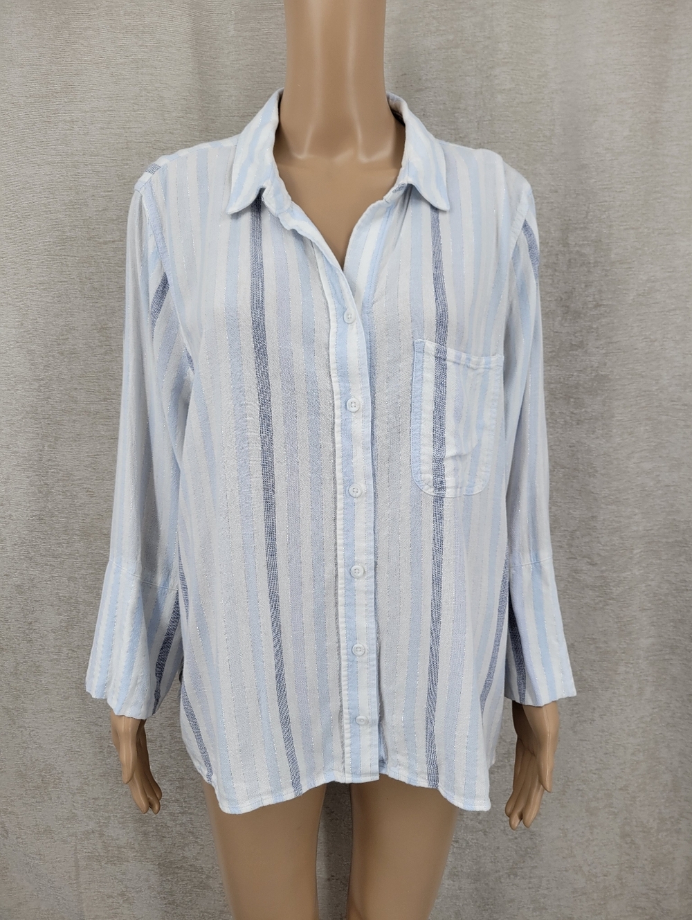 Side Stitch Light Blue Striped Button-Down Shirt Linen Blend Coastal